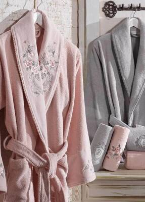 Larosa 6 Parça %100 Pamuk Nakışlı Bornoz Seti - Pudra/Gri - 2