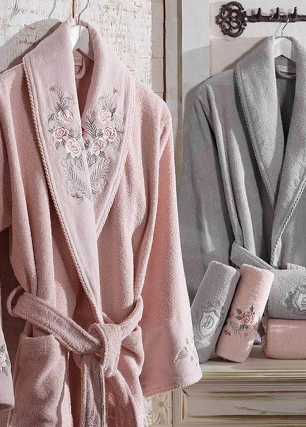 Larosa 6 Parça %100 Pamuk Nakışlı Bornoz Seti - Pudra/Gri - 2