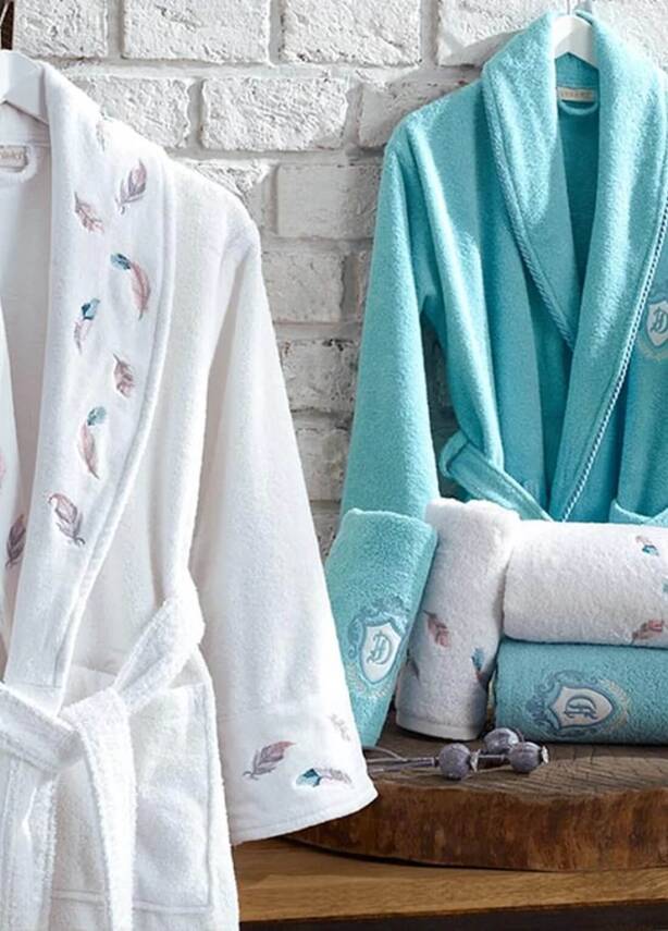 Oriel 6 Parça %100 Pamuk Nakışlı Bornoz Seti - Beyaz/Mavi - 1