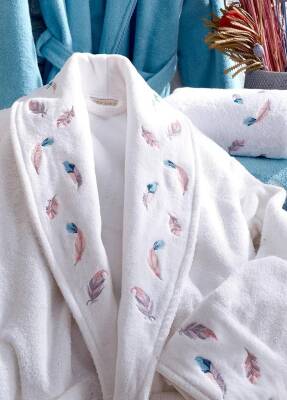 Oriel 6 Parça %100 Pamuk Nakışlı Bornoz Seti - Beyaz/Mavi - 2