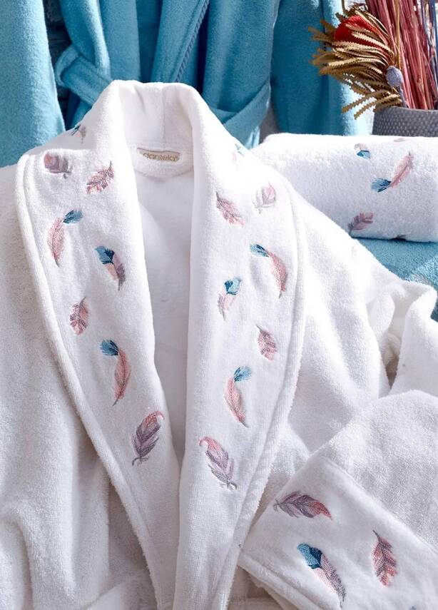 Oriel 6 Parça %100 Pamuk Nakışlı Bornoz Seti - Beyaz/Mavi - 2