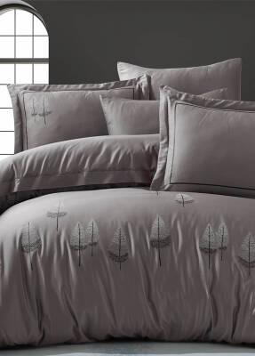 Pamira %100 Pamuk Saten Nakışlı Çift Kişilik Nevresim Takımı - Antrasit - Dantela