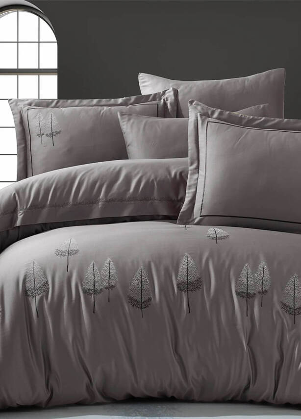 Pamira %100 Pamuk Saten Nakışlı Çift Kişilik Nevresim Takımı - Antrasit - 1