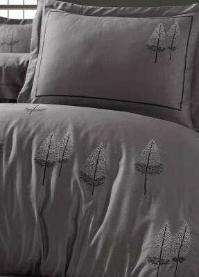 Pamira %100 Pamuk Saten Nakışlı Çift Kişilik Nevresim Takımı - Antrasit - 2