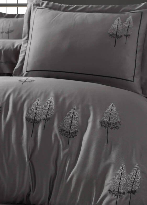 Pamira %100 Pamuk Saten Nakışlı Çift Kişilik Nevresim Takımı - Antrasit - 2