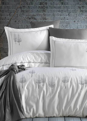 Pamira %100 Pamuk Saten Nakışlı Çift Kişilik Nevresim Takımı - Beyaz-Antrasit - Dantela