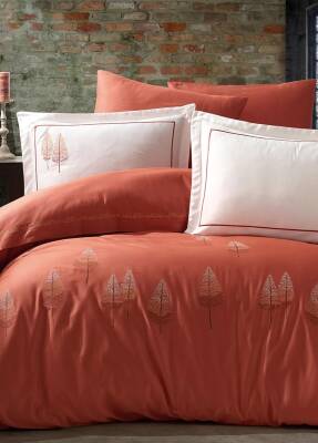 Pamira %100 Pamuk Saten Nakışlı Çift Kişilik Nevresim Takımı - Kiremit - Dantela