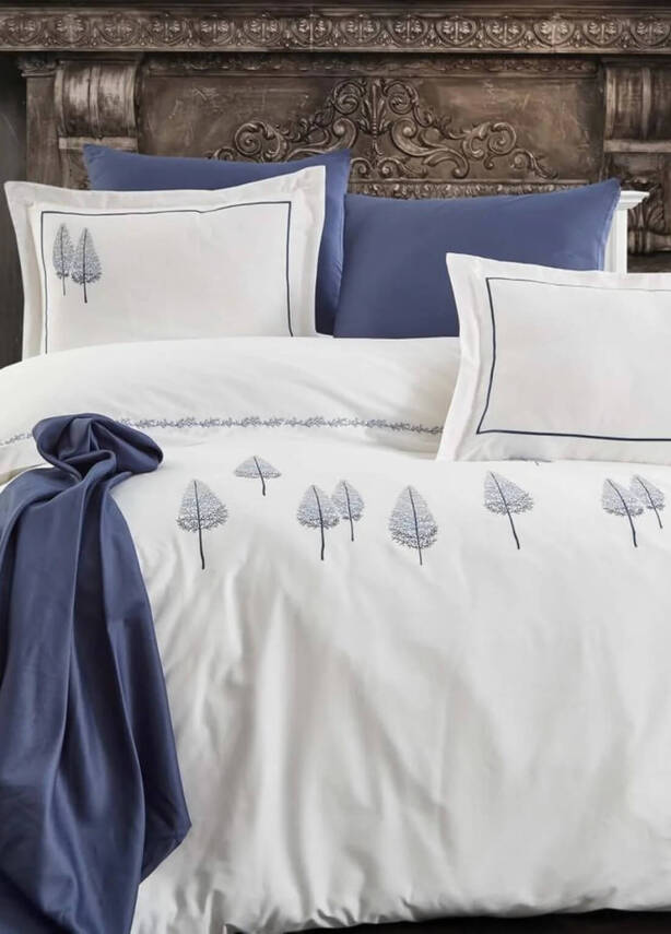 Pamira %100 Pamuk Saten Nakışlı Çift Kişilik Nevresim Takımı - Lacivert - 1