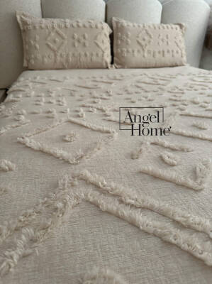 Püsküllü Pamuklu Çift Kişilik Yatak Örtüsü 240x260 + 2 Yastık Kılıfı - Vizon - 2