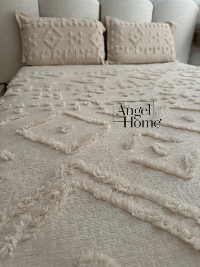 Püsküllü Pamuklu Çift Kişilik Yatak Örtüsü 240x260 + 2 Yastık Kılıfı - Vizon - 2