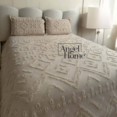 Püsküllü Pamuklu Çift Kişilik Yatak Örtüsü 240x260 + 2 Yastık Kılıfı - Vizon - Angel Home