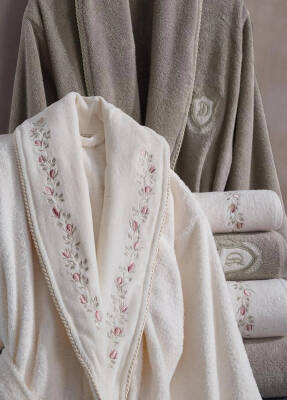 Peri 6 Parça %100 Pamuk Nakışlı Bornoz Seti - Krem/Bej - 2