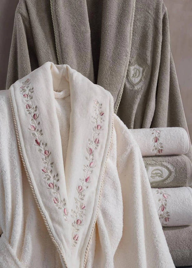 Peri 6 Parça %100 Pamuk Nakışlı Bornoz Seti - Krem/Bej - 2