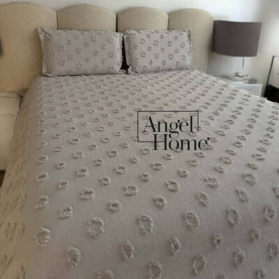 Ponpon Tek Kişilik Yatak Örtüsü Taş Rengi 180x250 ve 1 Yastık - Angel Home