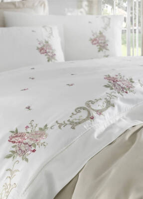 Rosenna %100 Pamuk Saten Nakışlı Çift Kişilik Nevresim Takımı - Beyaz-Bej - 2