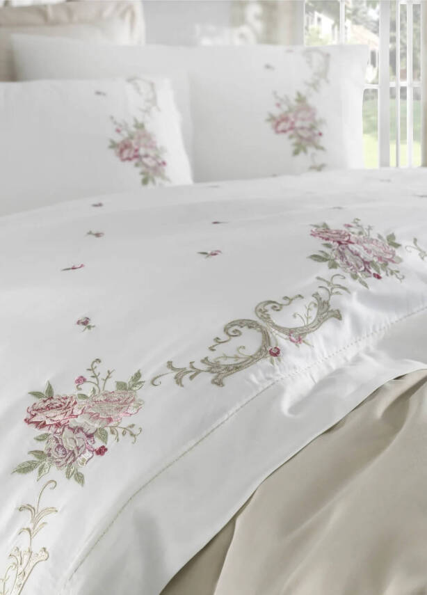 Rosenna %100 Pamuk Saten Nakışlı Çift Kişilik Nevresim Takımı - Beyaz-Bej - 2