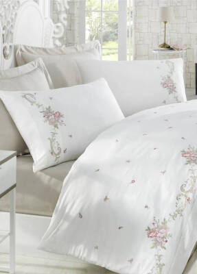 Rosenna %100 Pamuk Saten Nakışlı Çift Kişilik Nevresim Takımı - Beyaz-Bej - Dantela