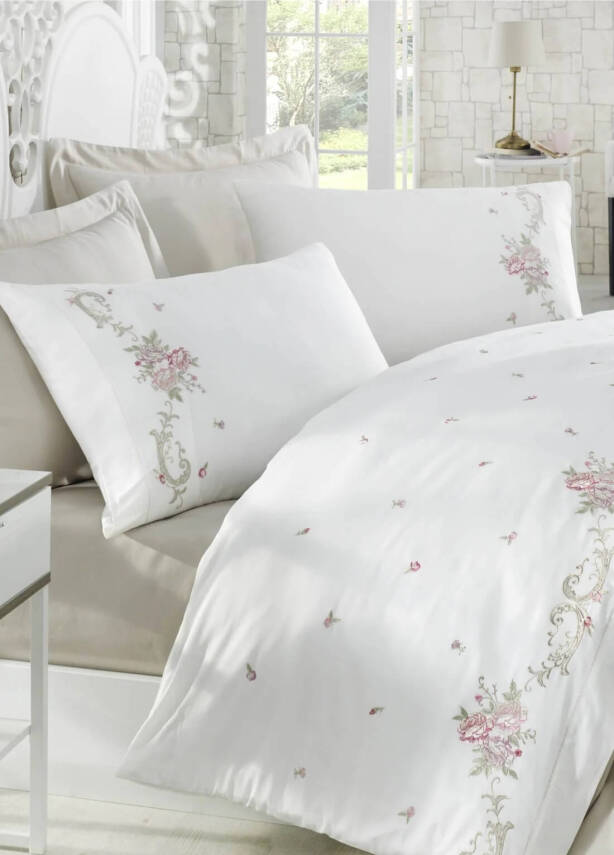 Rosenna %100 Pamuk Saten Nakışlı Çift Kişilik Nevresim Takımı - Beyaz-Bej - 1