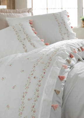 Royal %100 Pamuk Saten Nakışlı Çift Kişilik Nevresim Takımı - Beyaz - 2