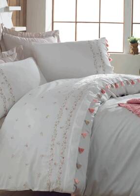 Royal %100 Pamuk Saten Nakışlı Çift Kişilik Nevresim Takımı - Beyaz - Dantela