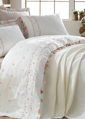 Royal %100 Pamuk Saten Nakışlı Çift Kişilik Pike Takımı - Beyaz - Dantela