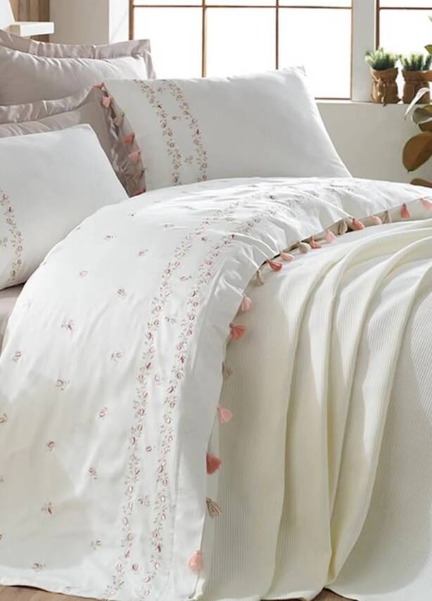 Royal %100 Pamuk Saten Nakışlı Çift Kişilik Pike Takımı - Beyaz - 1