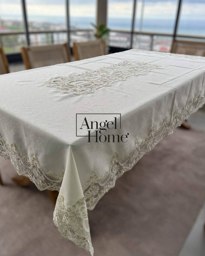 Royal Home Keten Kumaş Fransız Dantelli Leke Tutmaz Dertsiz Masa Örtüsü - 1