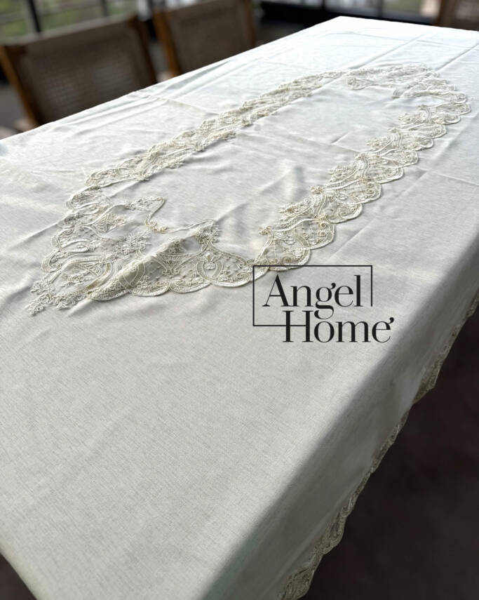 Royal Home Keten Kumaş Fransız Dantelli Leke Tutmaz Dertsiz Masa Örtüsü - 3