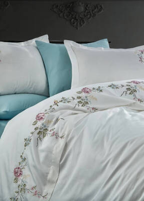 Rüya %100 Pamuk Saten Nakışlı Çift Kişilik Nevresim Takımı - Beyaz-Mavi - Dantela