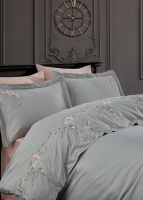 Rüya %100 Pamuk Saten Nakışlı Çift Kişilik Nevresim Takımı - Gri-Pembe - Dantela