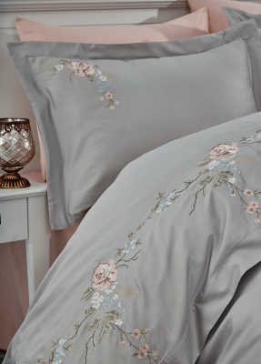 Rüya %100 Pamuk Saten Nakışlı Çift Kişilik Nevresim Takımı - Gri-Pembe - 2