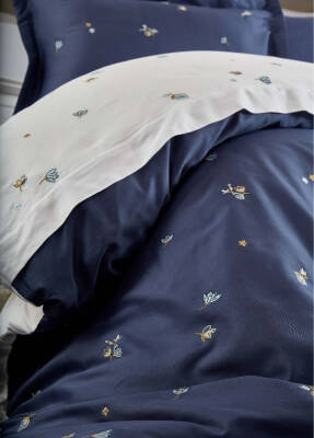 Safran %100 Pamuk Saten Nakışlı Çift Kişilik Nevresim Takımı - Lacivert - 2