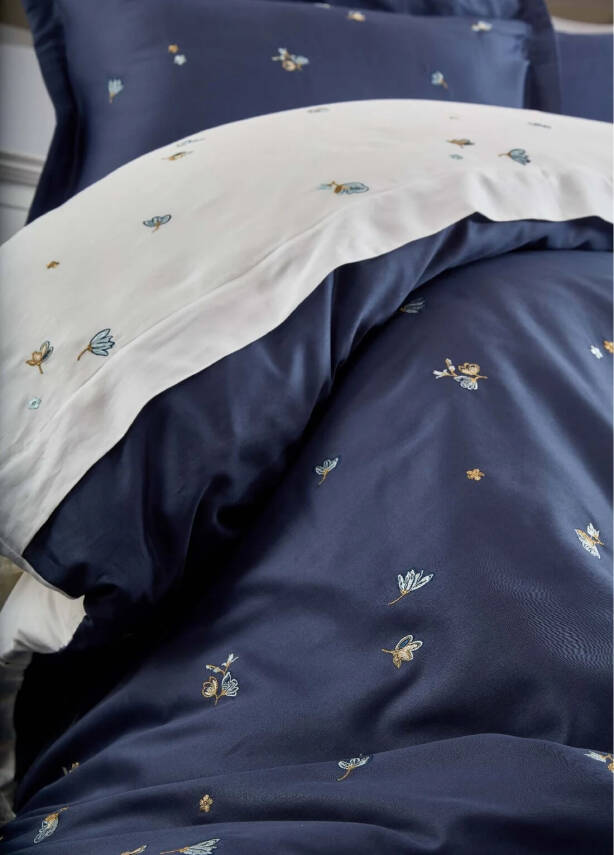 Safran %100 Pamuk Saten Nakışlı Çift Kişilik Nevresim Takımı - Lacivert - 2
