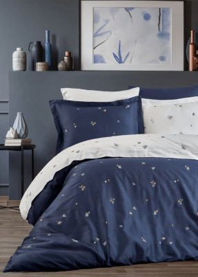 Safran %100 Pamuk Saten Nakışlı Çift Kişilik Nevresim Takımı - Lacivert - Dantela