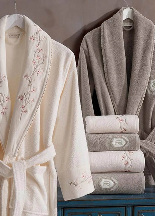 Sarmaşık 6 Parça %100 Pamuk Nakışlı Bornoz Seti - Krem/Bej - 1