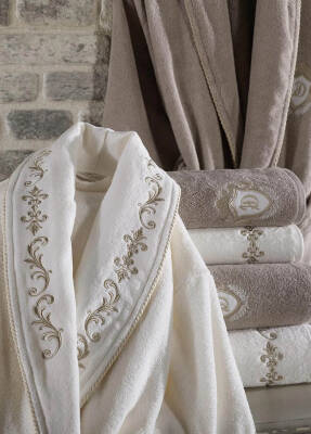 Sultan 6 Parça %100 Pamuk Nakışlı Bornoz Seti - Krem/Bej - 2