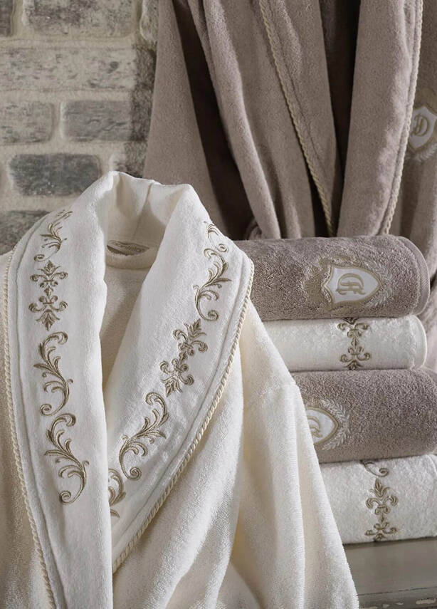 Sultan 6 Parça %100 Pamuk Nakışlı Bornoz Seti - Krem/Bej - 2