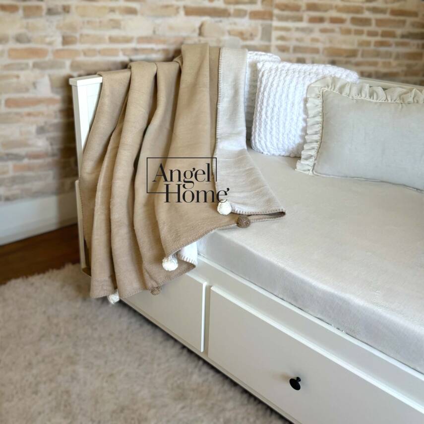 Tek Kişilik Merinos Ponponlu Battaniye – Çift Taraflı, 150x200 cm (Vizon-Krem) - 1