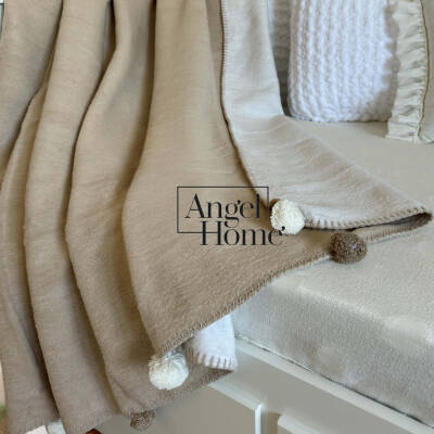 Tek Kişilik Merinos Ponponlu Battaniye – Çift Taraflı, 150x200 cm (Vizon-Krem) - 2