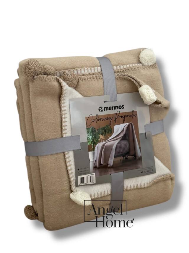 Tek Kişilik Merinos Ponponlu Battaniye – Çift Taraflı, 150x200 cm (Vizon-Krem) - 3