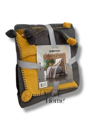 Tek Kişilik Merinos Ponponlu Battaniye – Çift Taraflı, 150x200 cm (Antrasit - Hardal) - 3