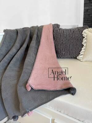 Tek Kişilik Merinos Ponponlu Battaniye – Çift Taraflı, 150x200 cm (Antrasit - Pembe) - 2