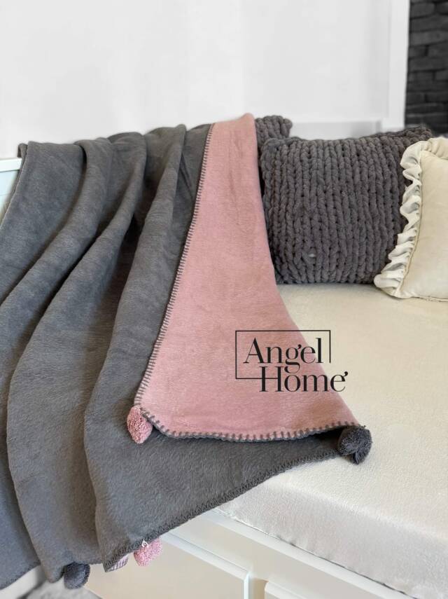 Tek Kişilik Merinos Ponponlu Battaniye – Çift Taraflı, 150x200 cm (Antrasit - Pembe) - 2