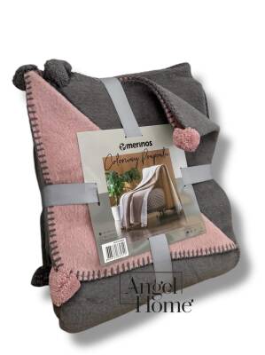 Tek Kişilik Merinos Ponponlu Battaniye – Çift Taraflı, 150x200 cm (Antrasit - Pembe) - 3