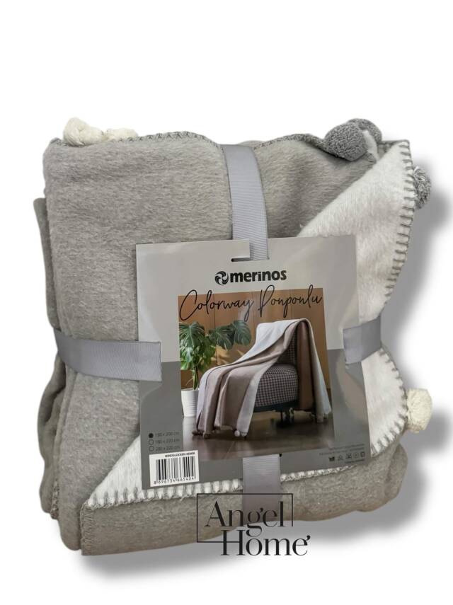 Tek Kişilik Merinos Ponponlu Battaniye – Çift Taraflı, 150x200 cm (Gri-Krem) - 3