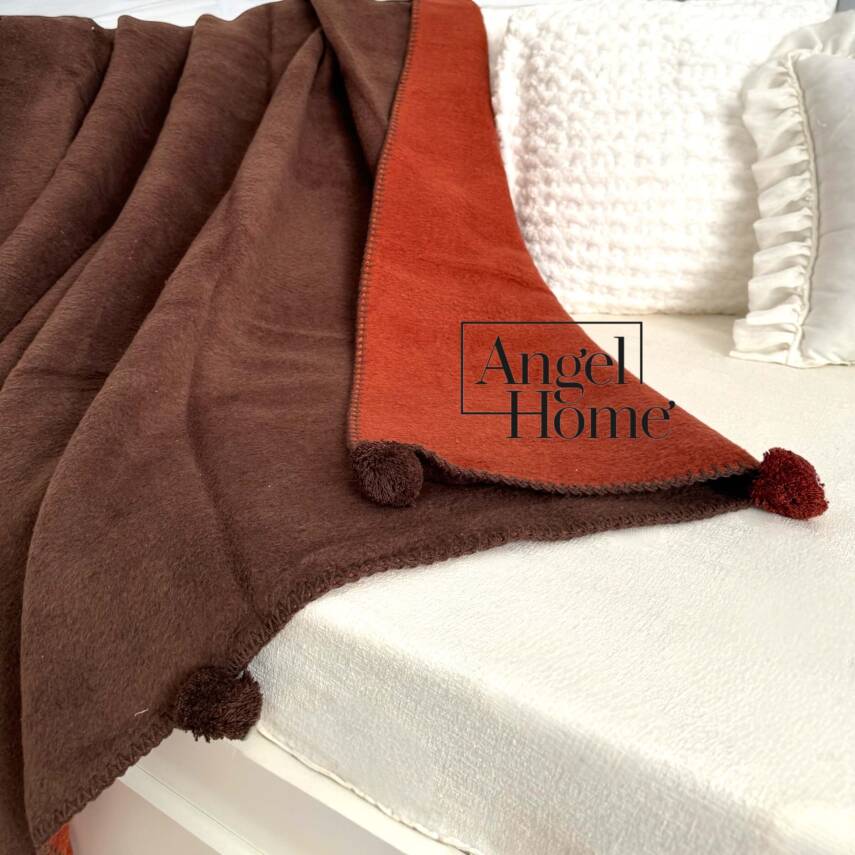 Tek Kişilik Merinos Ponponlu Battaniye – Çift Taraflı, 150x200 cm (Kahve - Kiremit) - 2