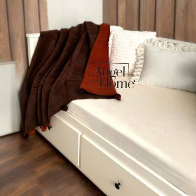 Tek Kişilik Merinos Ponponlu Battaniye – Çift Taraflı, 150x200 cm (Kahve - Kiremit) - Merinos