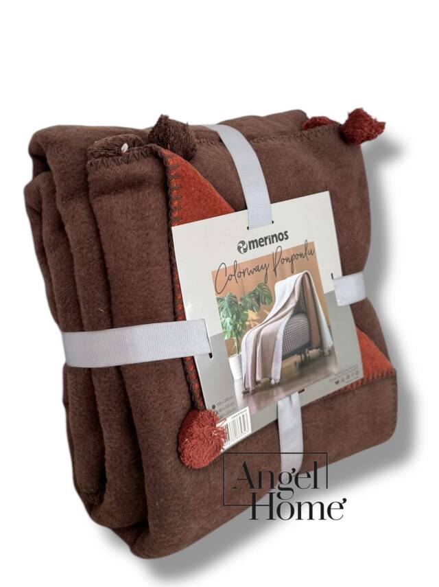 Tek Kişilik Merinos Ponponlu Battaniye – Çift Taraflı, 150x200 cm (Kahve - Kiremit) - 3