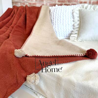 Tek Kişilik Merinos Ponponlu Battaniye – Çift Taraflı, 150x200 cm (Kiremit-Bej) - 2