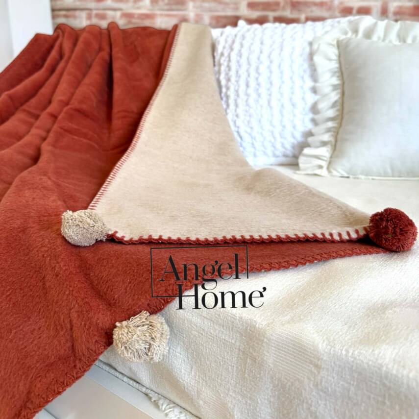 Tek Kişilik Merinos Ponponlu Battaniye – Çift Taraflı, 150x200 cm (Kiremit-Bej) - 2